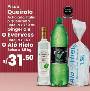 Queirolo - Pisco  Acholado, Italia o Quebranta Botella x 750 ml. + Ginger ale + Evervess Botella x 1.5 L. + Aló Hielo Bolsa x 1.5 kg.
