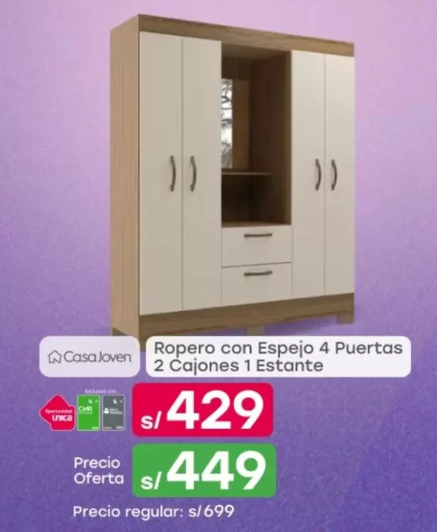 Casa Joven - Ropero con Espejo 4 Puertas 2 Cajones 1 Estante