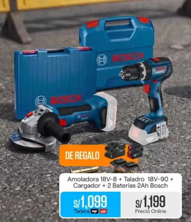 Bosch - Amoladora 18V-8 + Taladro 18V-90 + Cargador + 2 Baterías