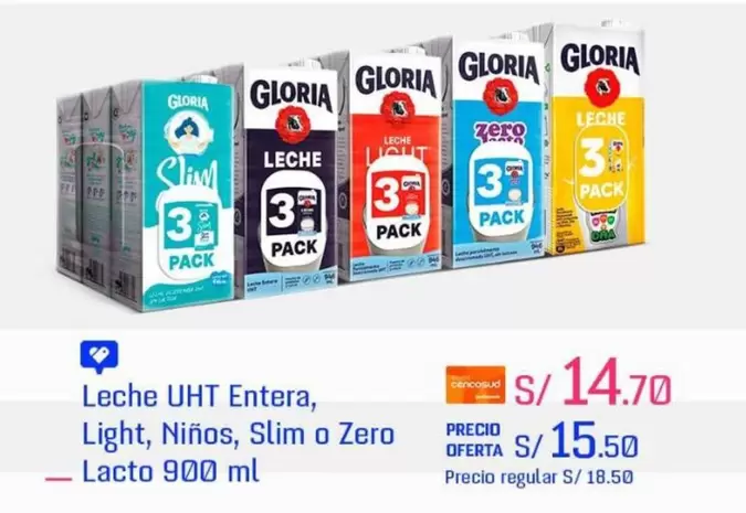 Gloria - Leche UHT Entera, Light, Niños, Slim o Zero