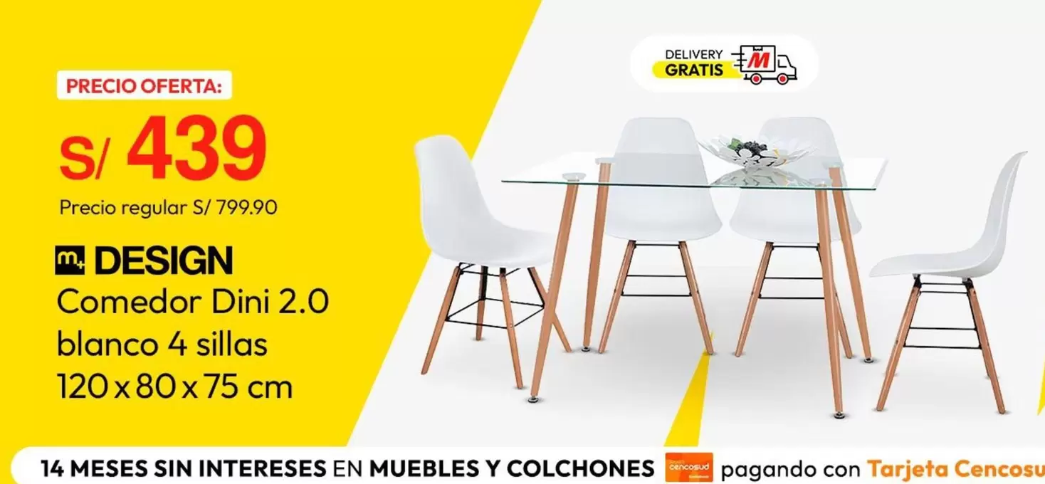 Comedor Dini 2.0 blanco 4 sillas 120x80x75 cm