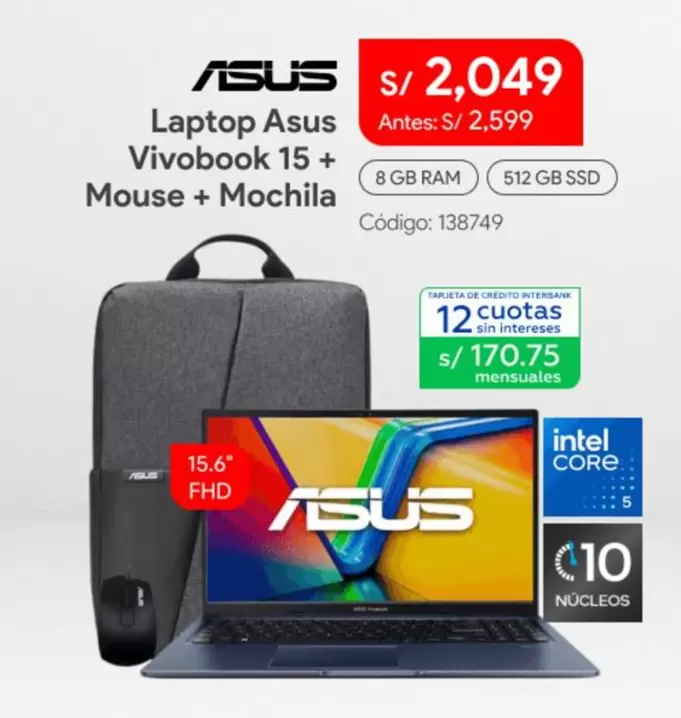 Asus - Laptop  Vivobook 15 + Mouse + Mochila
