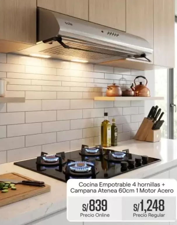 Sole - Cocina Empotrable 4 hornillas + Campana Atenea 60cm 1 Motor Acero