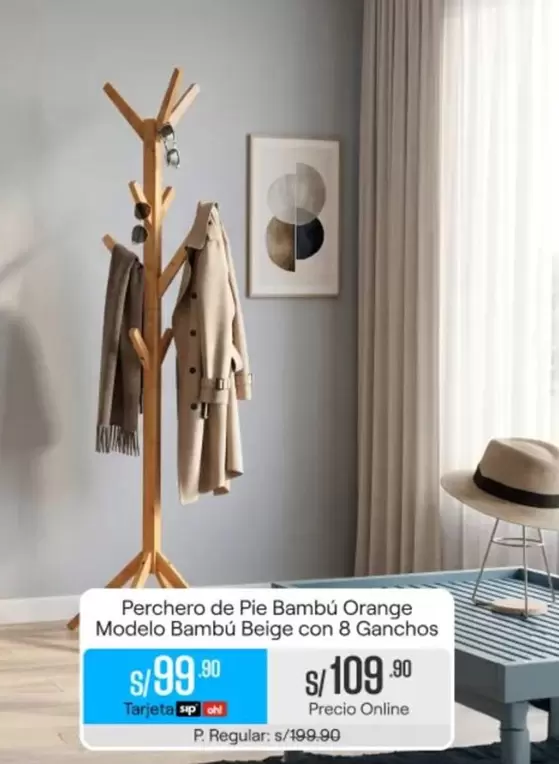 Orange - Perchero de Pie Bambú  Modelo Bambú Beige con 8 Ganchos
