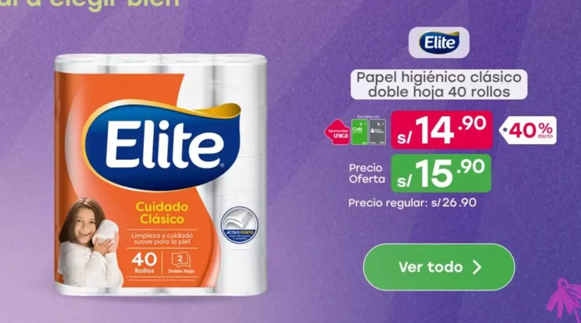 Elite - Papel higiénico clásico doble hoja 40 rollos