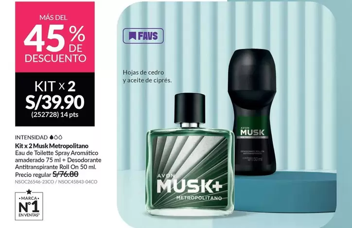 Avon - KIT x 2 Musk Metropolitano Eau de Toilette Spray Aromatico amaderado 75 ml + Desodorante Antitranspirante Roll On 50 ml