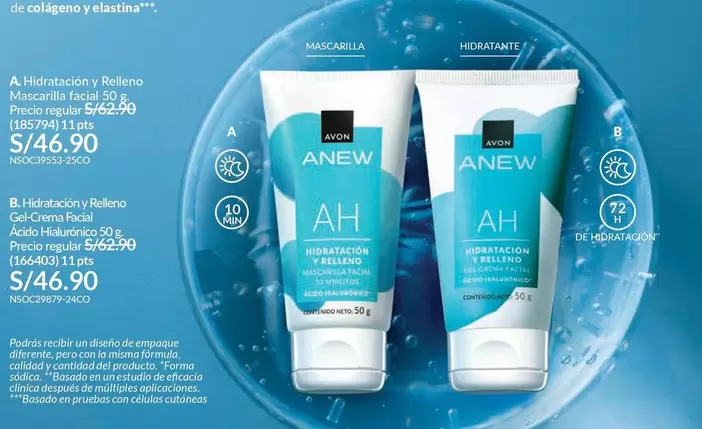 Anew - Hidratación y Relleno Mascarilla facial 50 g / Gel Crema Facial Ácido Hialurónico 50 g
