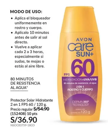 Avon - Protector Solar Hidratante 2 en 1 FPS 60