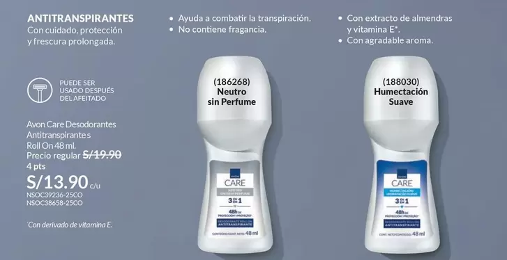 Avon Care - Antitranspirantes Neutro sin Perfume (186268) / Antitranspirantes Humectación Suave (180030)