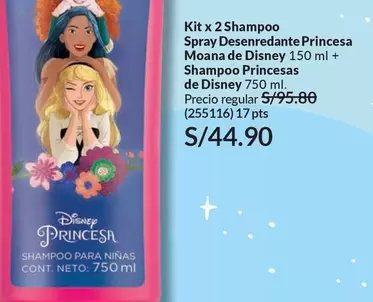 Disney - Kit x 2 Shampoo Spray Desenredante Princesa Moana de 150 ml + Shampoo Princesas de 750 ml.