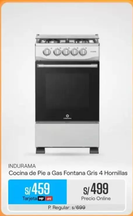 Indurama - Cocina de Pie a Gas Fontana Gris 4 Hornillas
