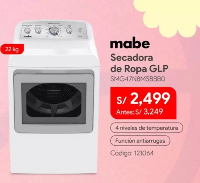 Mabe - Secadora de Ropa GLP SMG-47N8MSBBBO