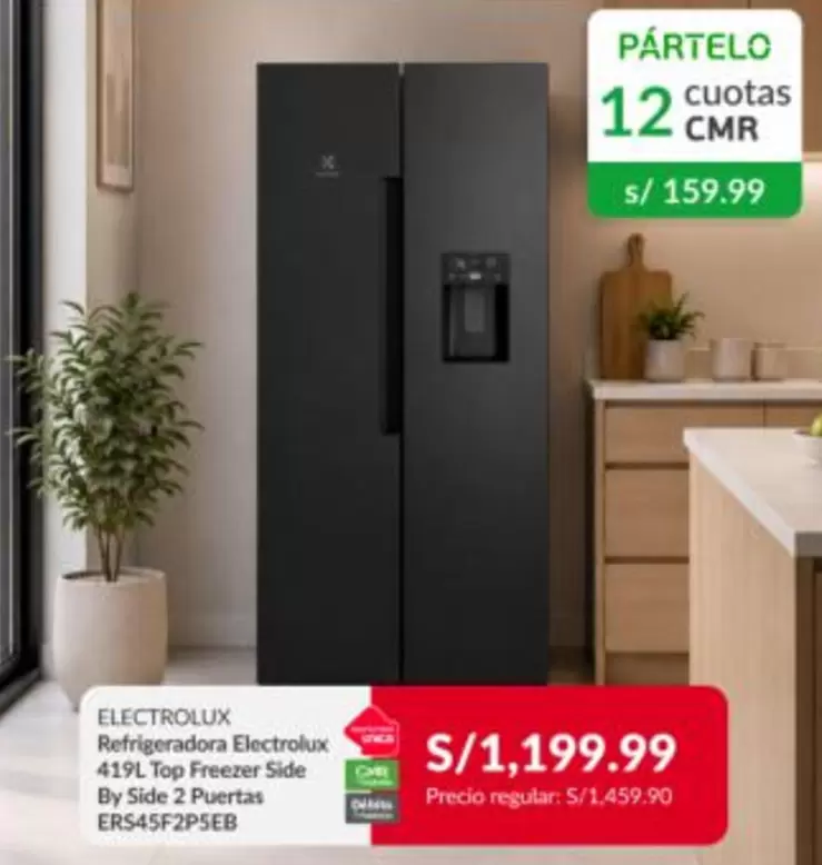Electrolux - Refrigeradora  419L Top Freezer Side By Side 2 Puertas ERS45F2PSEB