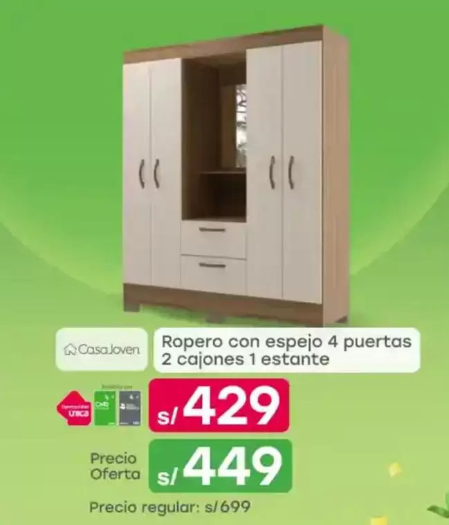 Casa Joven - Ropero con espejo 4 puertas 2 cajones 1 estante