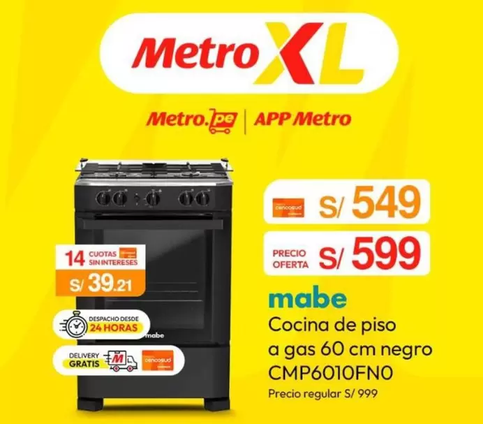 Mabe - Cocina de piso a gas 60 cm negro CMP6010FN0