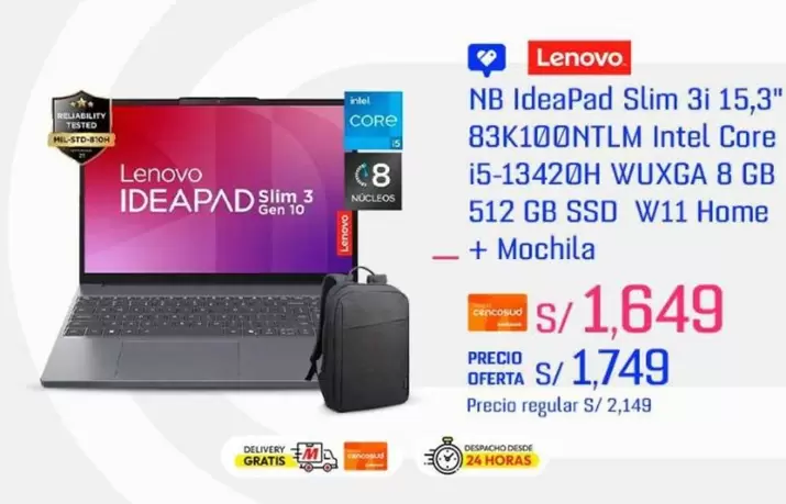 Lenovo - NB IdeaPad Slim 3i 15,3" 83K100NTLM Intel Core i5-13420H WUXGA 8 GB 512 GB SSD W11 Home + Mochila