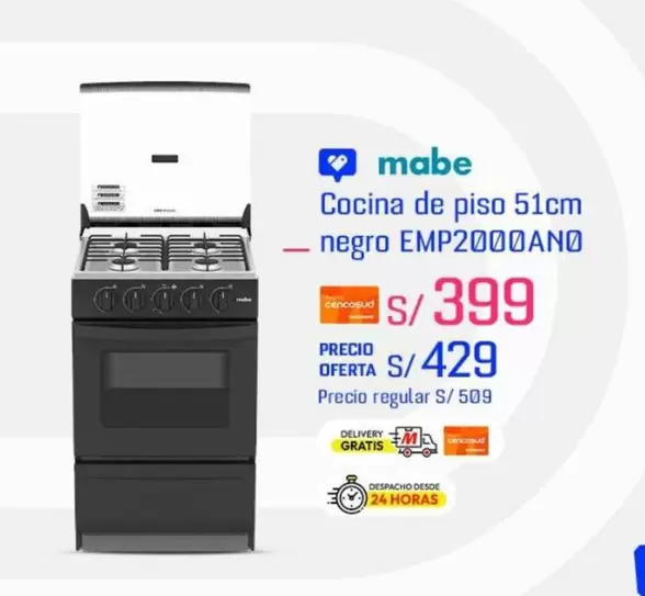 Mabe - Cocina de piso 51cm negro EMP2000AN0