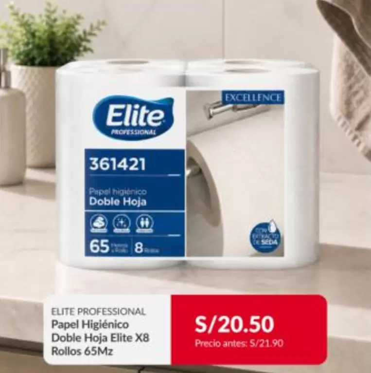 Elite - Papel Higi00enico Doble Hoja  X8 Rollos 65Mz 361421