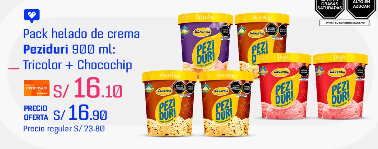 Peziduri - Pack helado de crema  900 ml: Tricolor + Chocochip