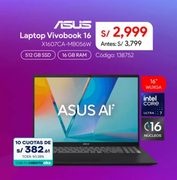 Asus - Laptop Vivobook 16 X1607CA-MB056W