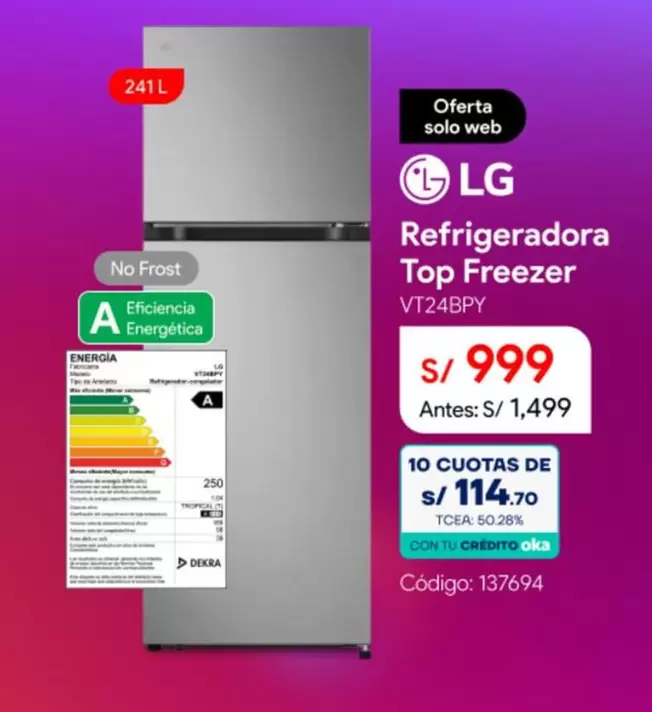 Lg - Refrigeradora Top Freezer VT24BPY