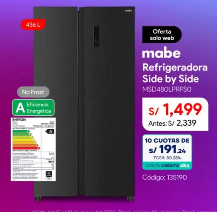 Mabe - Refrigeradora Side by Side MSD480LPRPSO