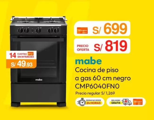Mabe - Cocina de piso a gas 60 cm negro CMP6040FNO