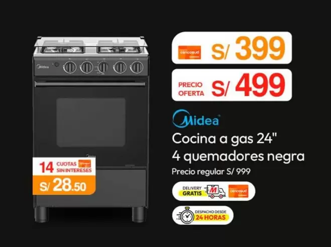 Cocina a gas 24" 4 quemadores negra