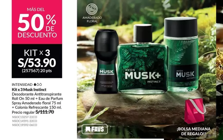 Avon - KIT x3 Musk Instinct Desodorante Antitranspirante Roll On 50 ml + Eau de Parfum Spray Amaderado Floral 75 ml + Colonia Refrescante 150 ml
