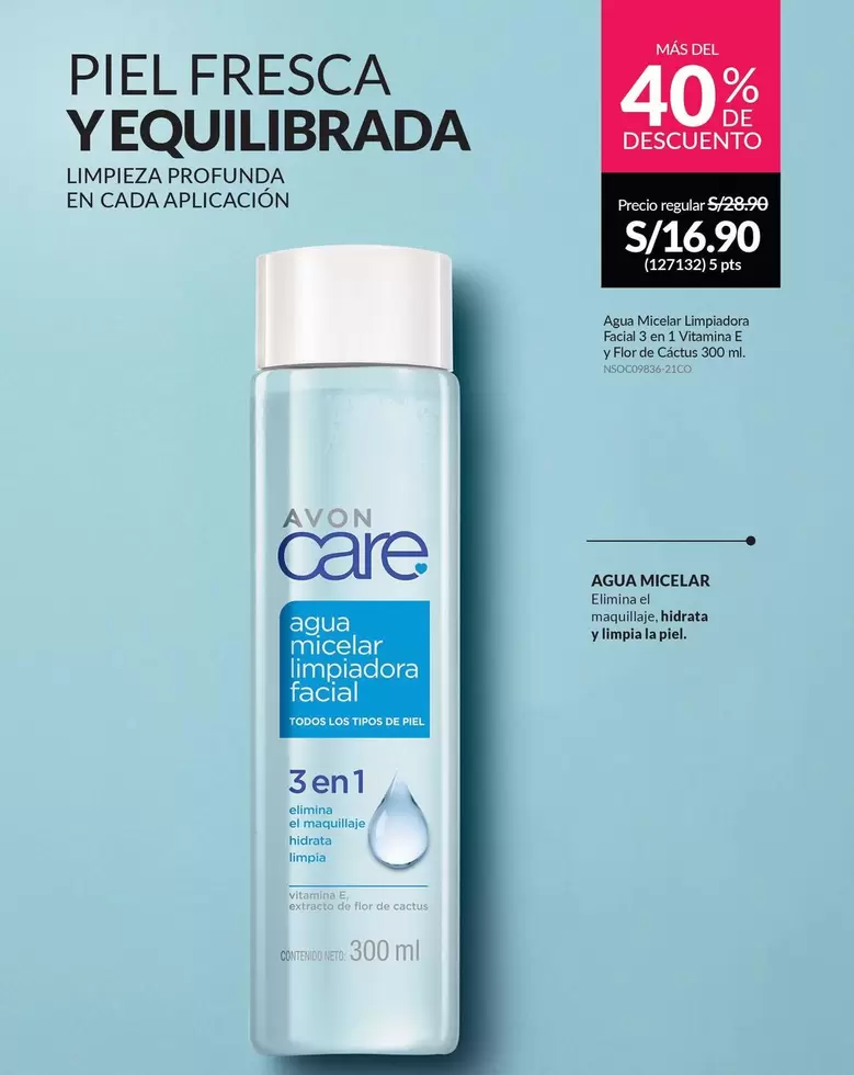 Avon Care - Agua micelar limpiadora facial 3 en 1