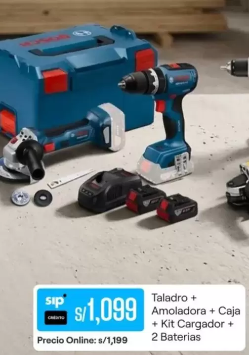 Bosch - Taladro + Amoladora + Caja + Kit Cargador + 2 Baterias