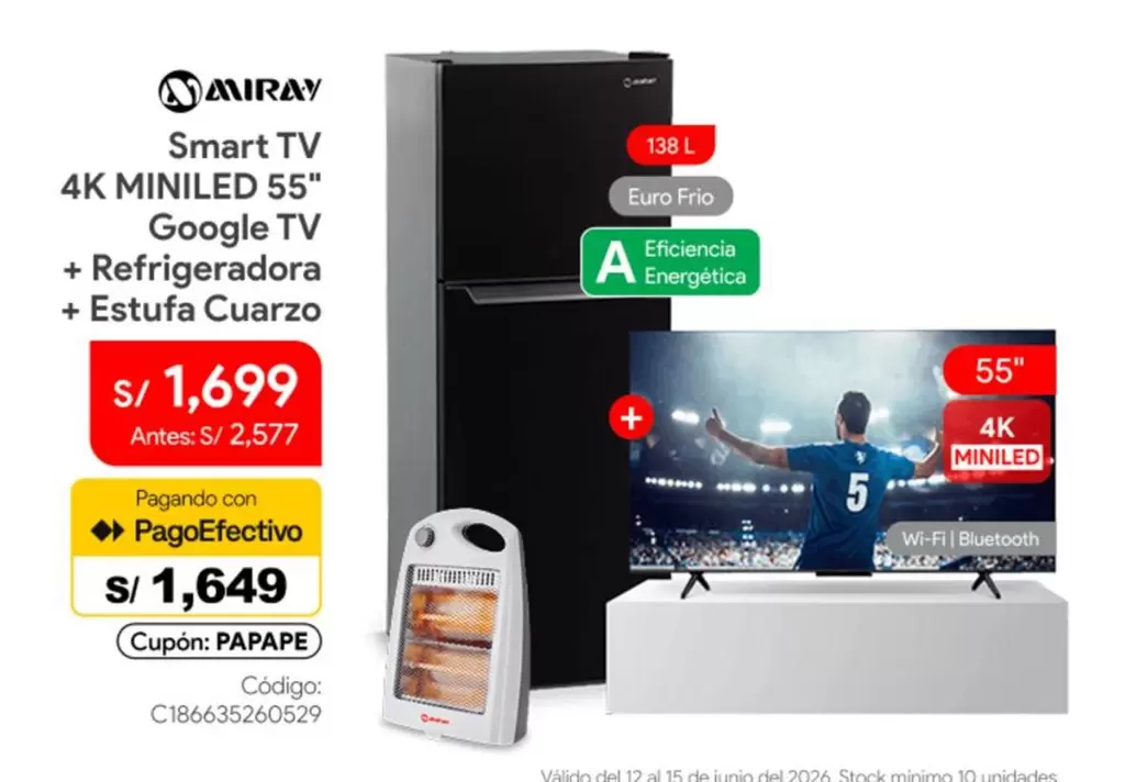 Miray - Smart TV 4K MINILE D 55" Google TV + Refrigeradora + Estufa Cuarzo