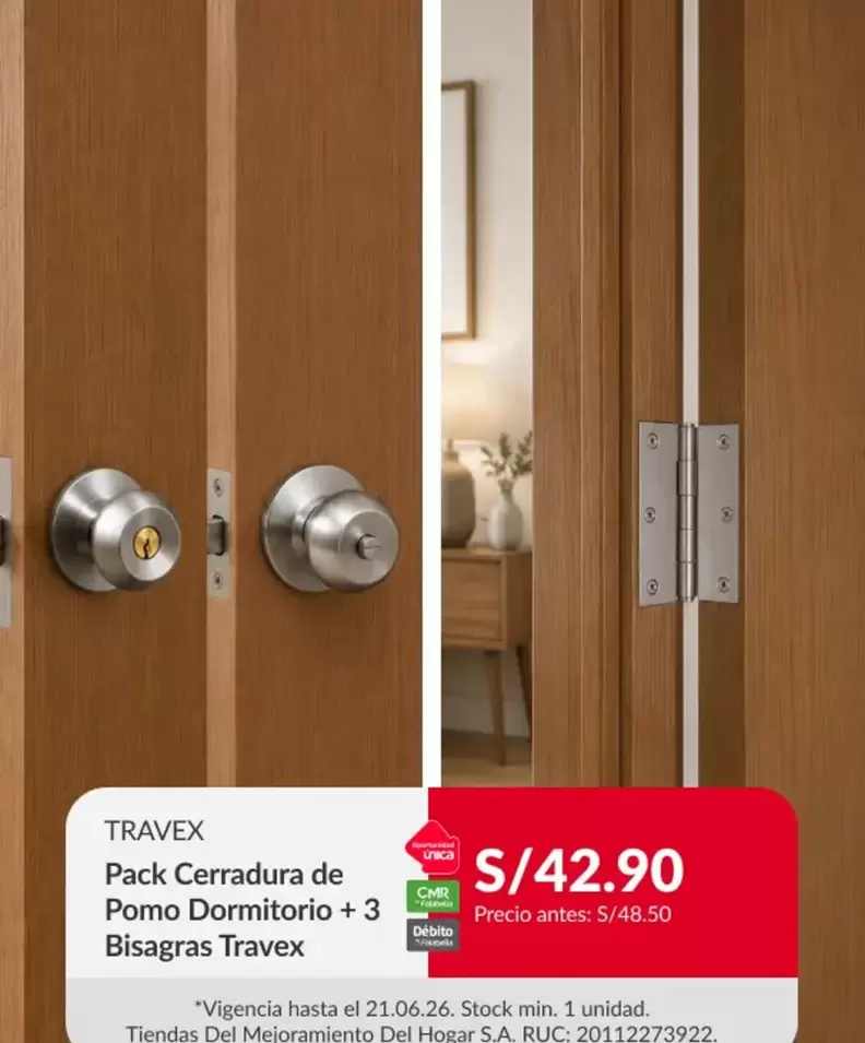 Pack Cerradura de Pomo Dormitorio + 3 Bisagras