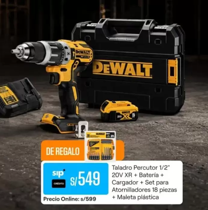 DeWalt - Taladro Percutor 1/2" 20V XR + Batería + Cargador + Set para Atornilladores 18 piezas + Maleta plástica