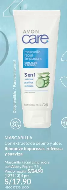 Avon Care - Mascarilla Facial Limpiadora con Aloe y Pepino 75 g (127113)