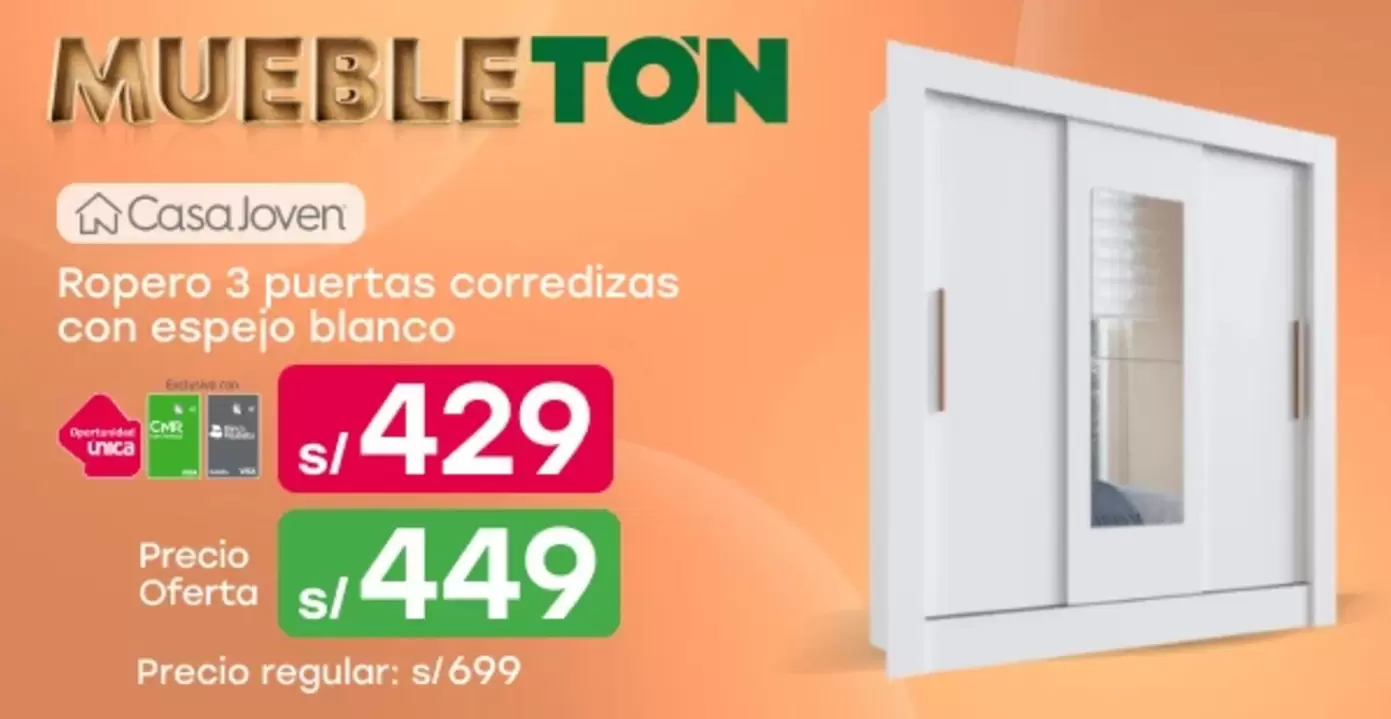 Casa Joven - Ropero 3 puertas corredizas con espejo blanco