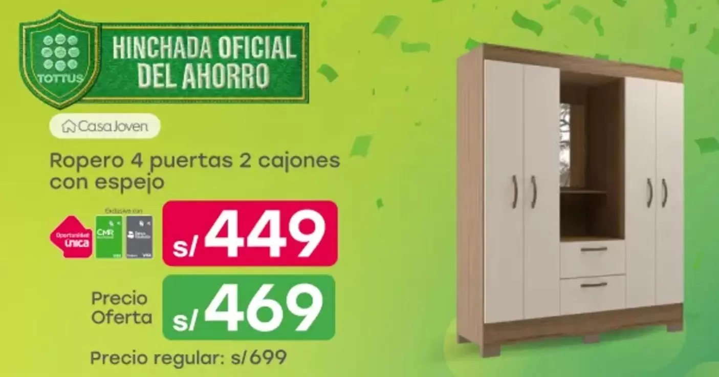Tottus - Ropero 4 puertas 2 cajones con espejo