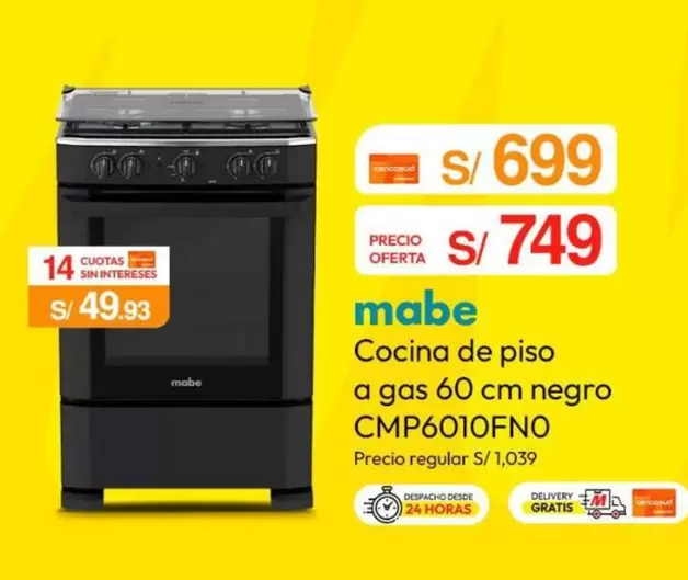 Mabe - Cocina de piso a gas 60 cm negro CMP6010FNO