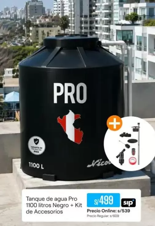 Pro - Tanque de agua Pro 1100 litros Negro + Kit de Accesorios