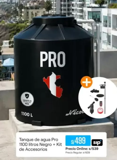 Pro - Tanque de agua Pro 1100 litros Negro + Kit de Accesorios