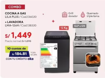 COCINA A GAS LILA PLUS / Cód.136020 + LAVADORA LMA-126H / Cód.138320
