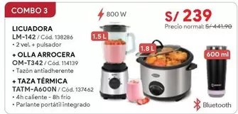 COMBO 3: LICUADORA LM-142 / OLLA ARROCERA OM-T342 / TAZA TÉRMICA TATM-A600N