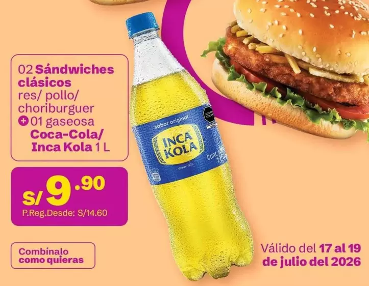 Inca Kola - 02 Sandwiches clásicos res/ pollo/ choriburger + 01 gaseosa