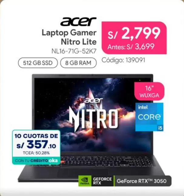 Acer - Laptop Gamer Nitro Lite NL16-71G-52K7