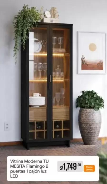 Vitrina Moderna TU MESITA Flamingo 2 puertas 1 cajón luz LED