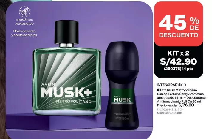 Avon - Musk+ Metropolitan Eau de Parfum Spray Aromático + Desodorante Antitranspirante Roll On