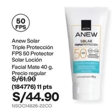 Avon - Anew Solar Triple Protección FPS 50 Protector Solar Loción Facial Mate 40 g. (184776)
