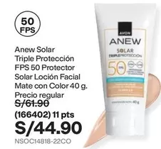Avon - Anew Solar Triple Protección FPS 50 Protector Solar Loción Facial Mate con Color 40 g. (166402)
