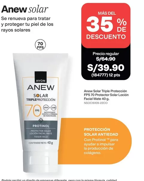 Avon - Solar Triple Protección FPS 70 Protector Solar Loción Facial Mate