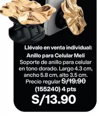 Dorado - Anillo para Celular Meli Soporte de anillo para celular en tono dorado. Largo 4.3 cm, ancho 5.8 cm, alto 3.5 cm. (155240) 4 pts